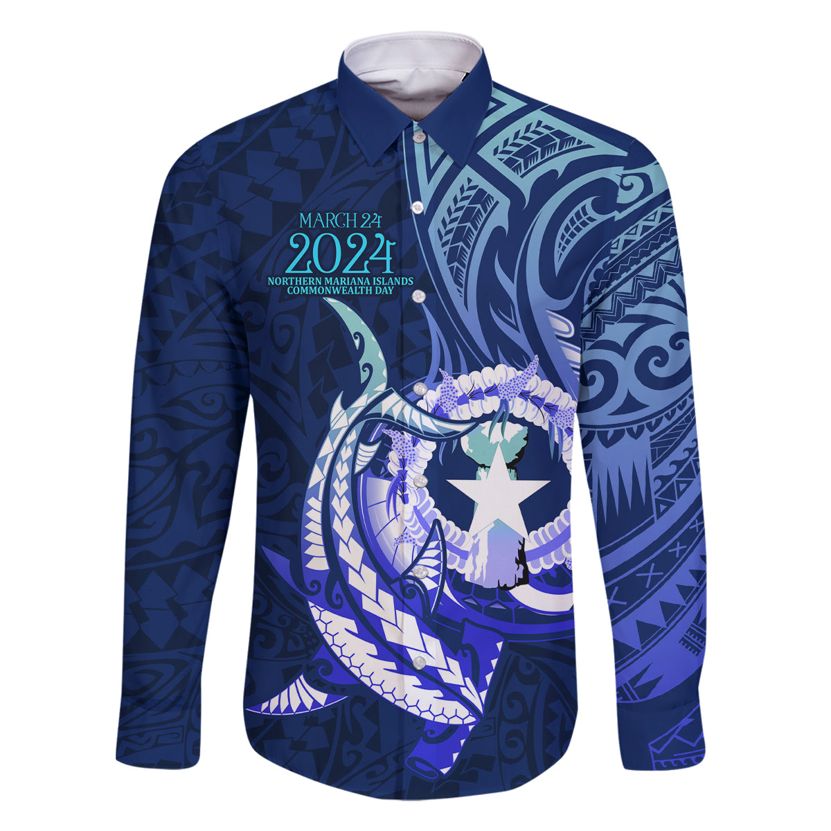 Personalised Northern Mariana Islands Family Matching Off Shoulder Maxi Dress and Hawaiian Shirt Commonwealth Day 2024 LT9 Dad's Shirt - Long Sleeve Ocean Blue - Polynesian Pride