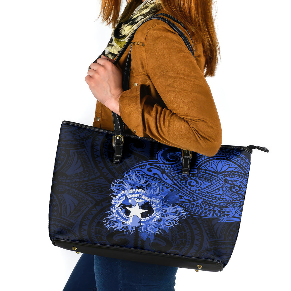 Northern Mariana Islands Ylang-ylang Mwarmwar Leather Tote Bag Polynesian Blue Style LT9 Blue - Polynesian Pride