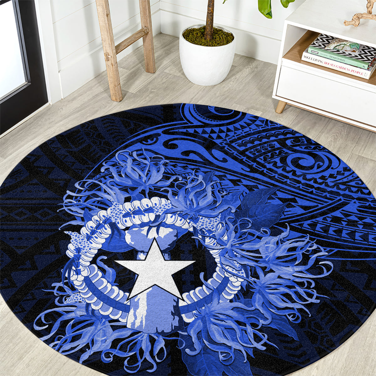 Northern Mariana Islands Ylang-ylang Mwarmwar Round Carpet Polynesian Blue Style LT9 Blue - Polynesian Pride