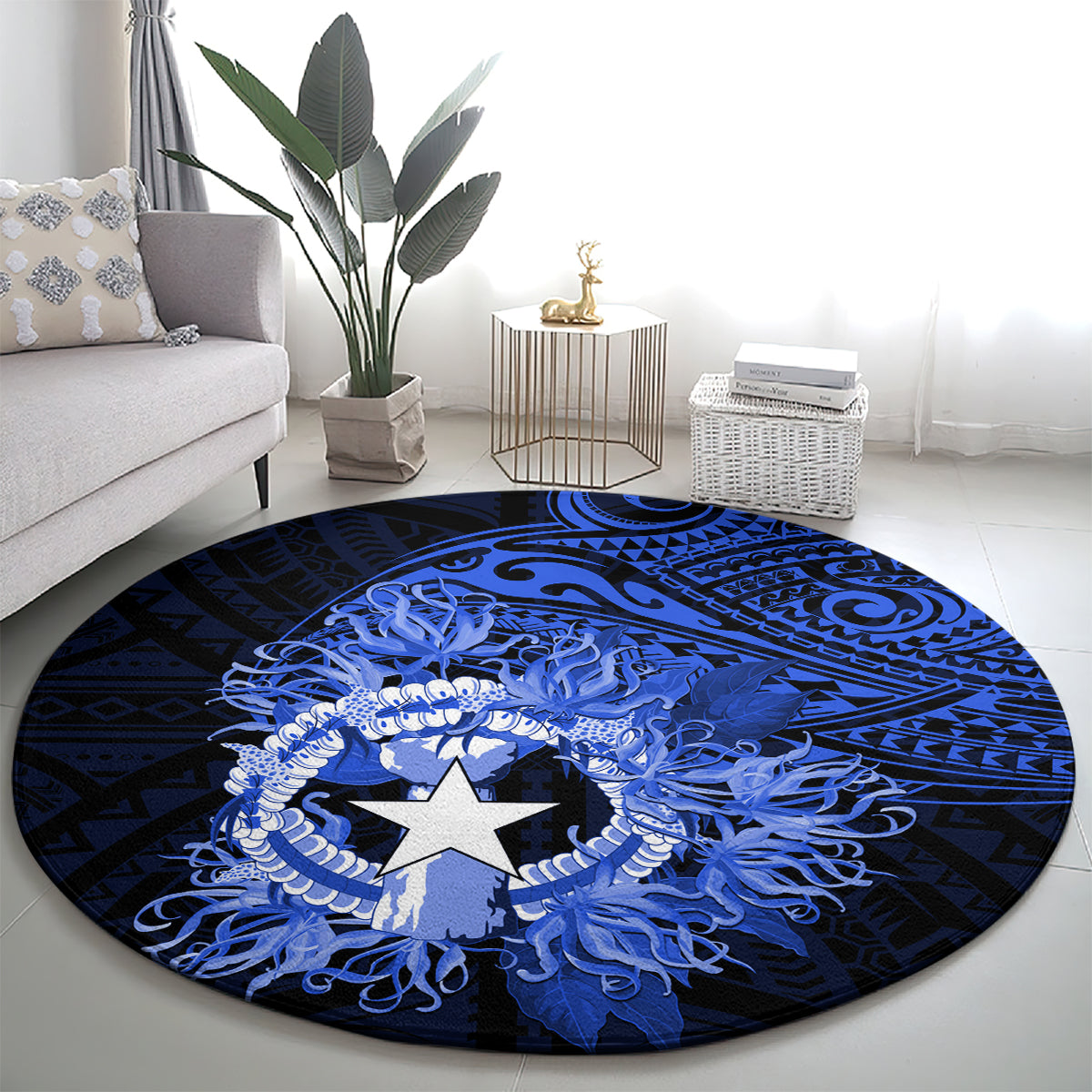Northern Mariana Islands Ylang-ylang Mwarmwar Round Carpet Polynesian Blue Style LT9 - Polynesian Pride