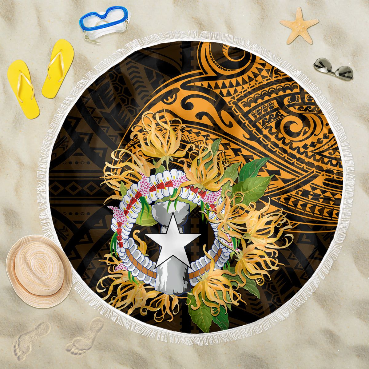Northern Mariana Islands Ylang-ylang Mwarmwar Beach Blanket Polynesian Gold Style LT9 One Size 150cm Gold - Polynesian Pride