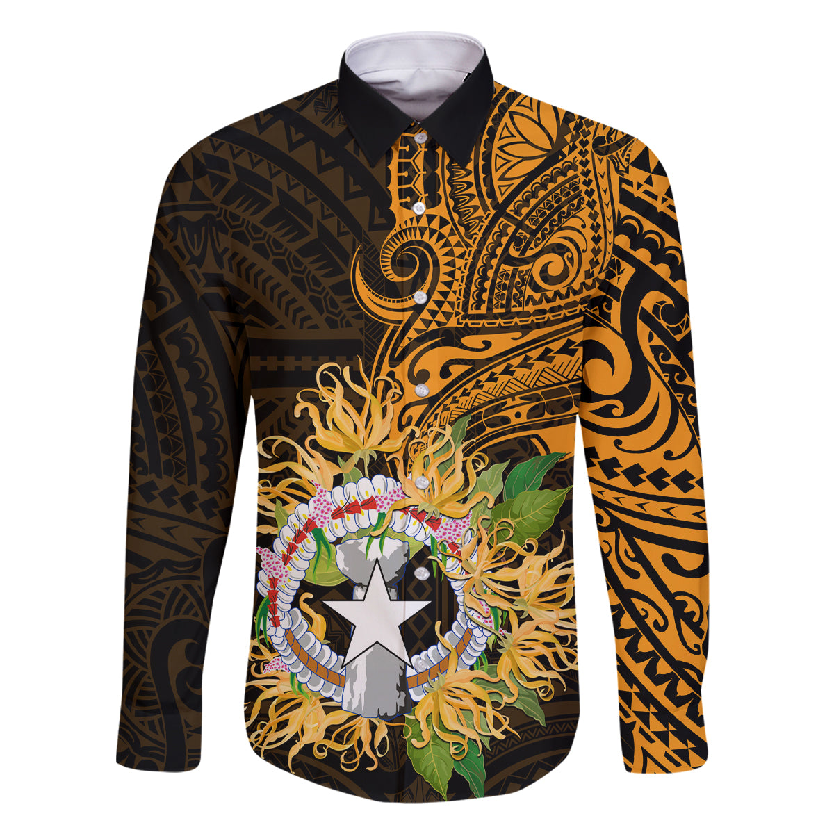 Northern Mariana Islands Ylang-ylang Mwarmwar Family Matching Off Shoulder Maxi Dress and Hawaiian Shirt Polynesian Gold Style LT9 Dad's Shirt - Long Sleeve Gold - Polynesian Pride