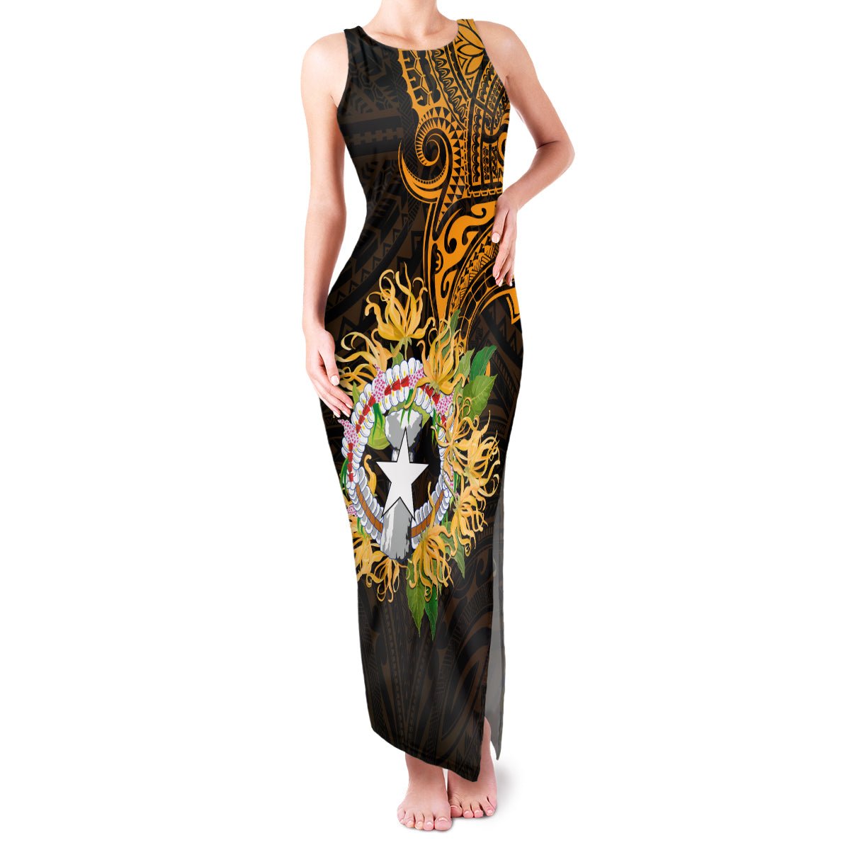 Northern Mariana Islands Ylang-ylang Mwarmwar Family Matching Tank Maxi Dress and Hawaiian Shirt Polynesian Gold Style LT9 Mom's Dress Gold - Polynesian Pride