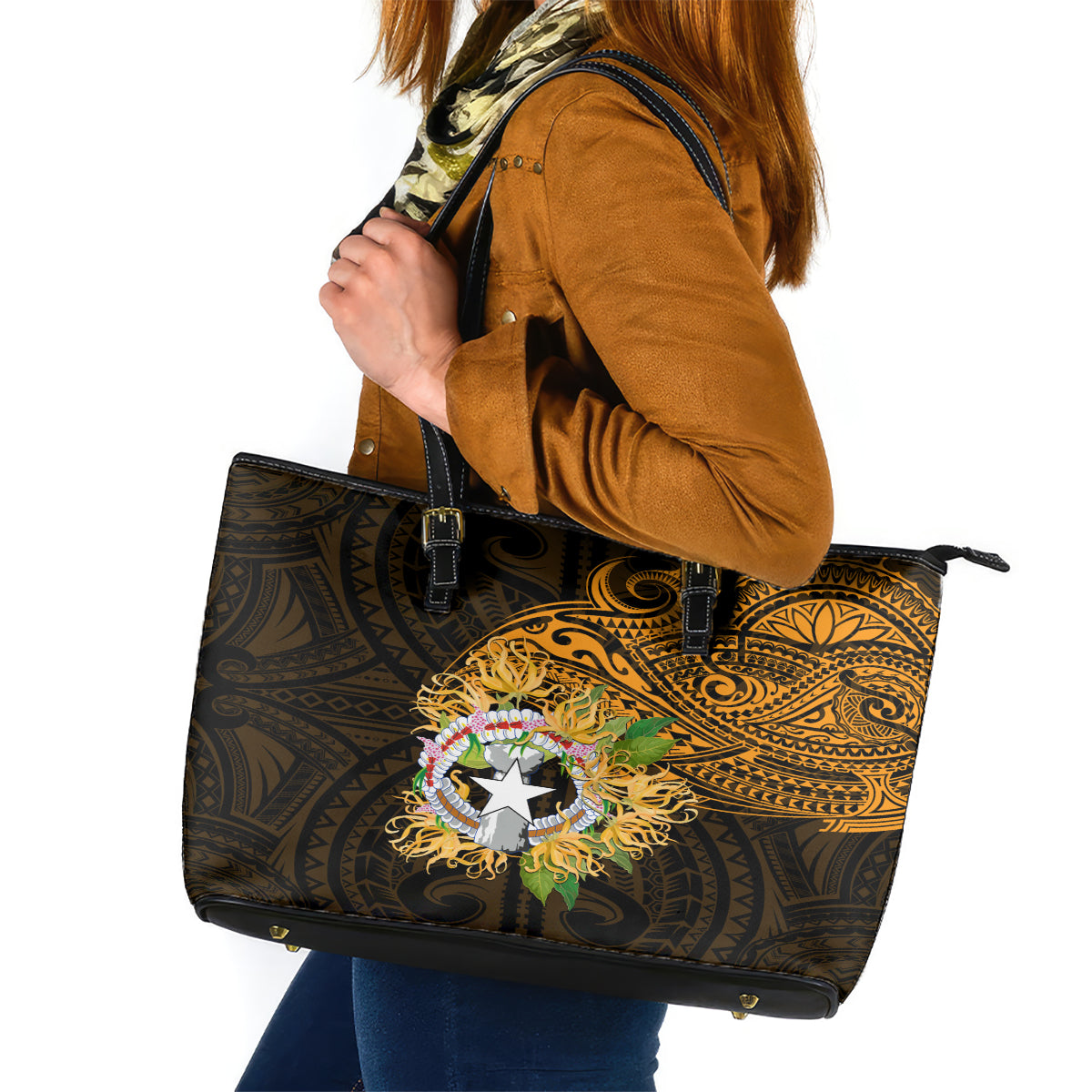 Northern Mariana Islands Ylang-ylang Mwarmwar Leather Tote Bag Polynesian Gold Style LT9 Gold - Polynesian Pride