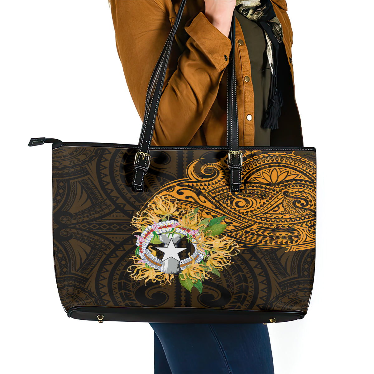 Northern Mariana Islands Ylang-ylang Mwarmwar Leather Tote Bag Polynesian Gold Style LT9 - Polynesian Pride