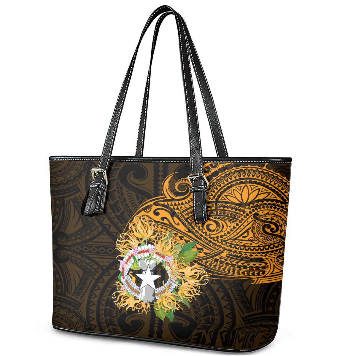 Northern Mariana Islands Ylang-ylang Mwarmwar Leather Tote Bag Polynesian Gold Style LT9 - Polynesian Pride