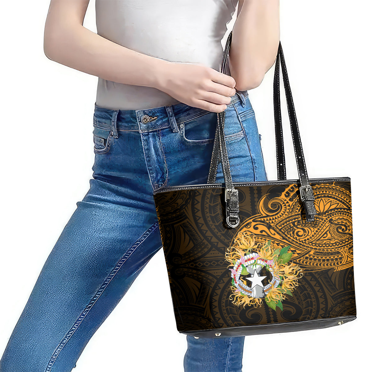 Northern Mariana Islands Ylang-ylang Mwarmwar Leather Tote Bag Polynesian Gold Style LT9 - Polynesian Pride