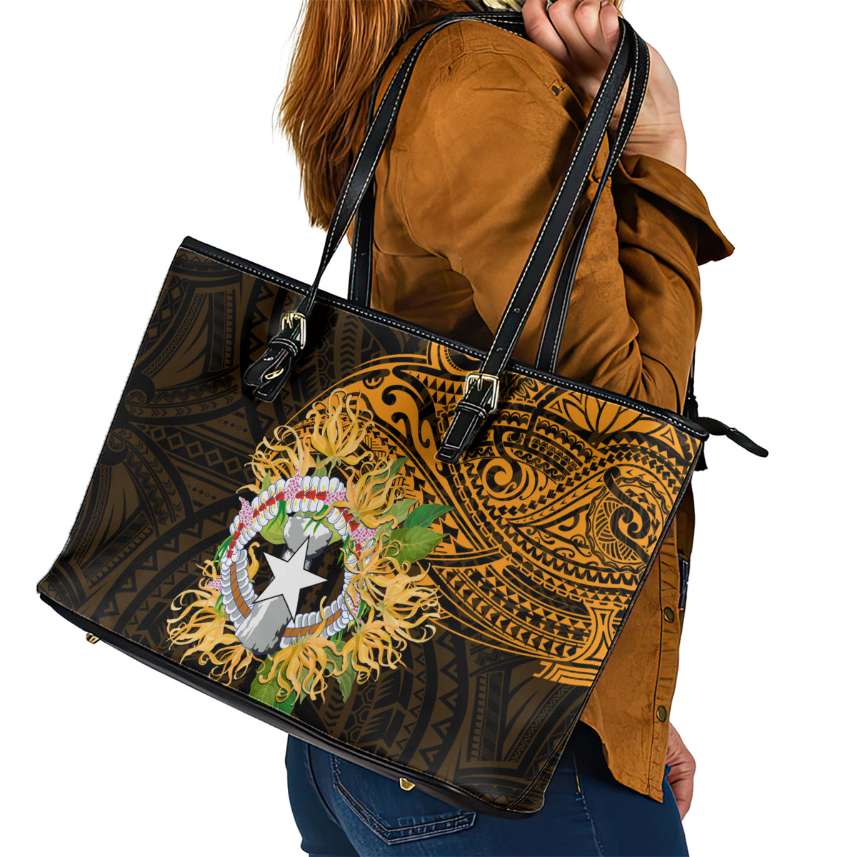 Northern Mariana Islands Ylang-ylang Mwarmwar Leather Tote Bag Polynesian Gold Style LT9 - Polynesian Pride