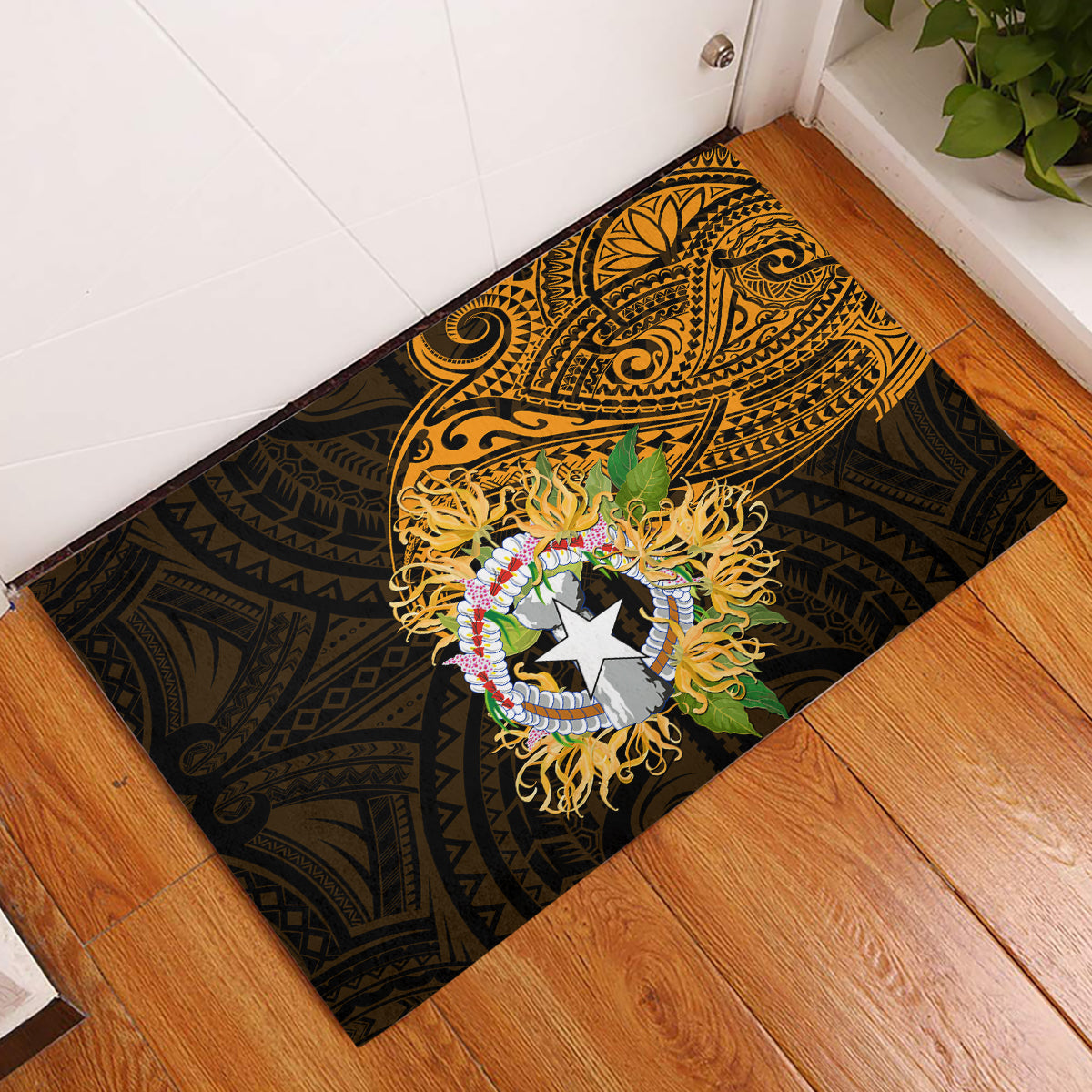 Northern Mariana Islands Ylang-ylang Mwarmwar Rubber Doormat Polynesian Gold Style LT9 Gold - Polynesian Pride