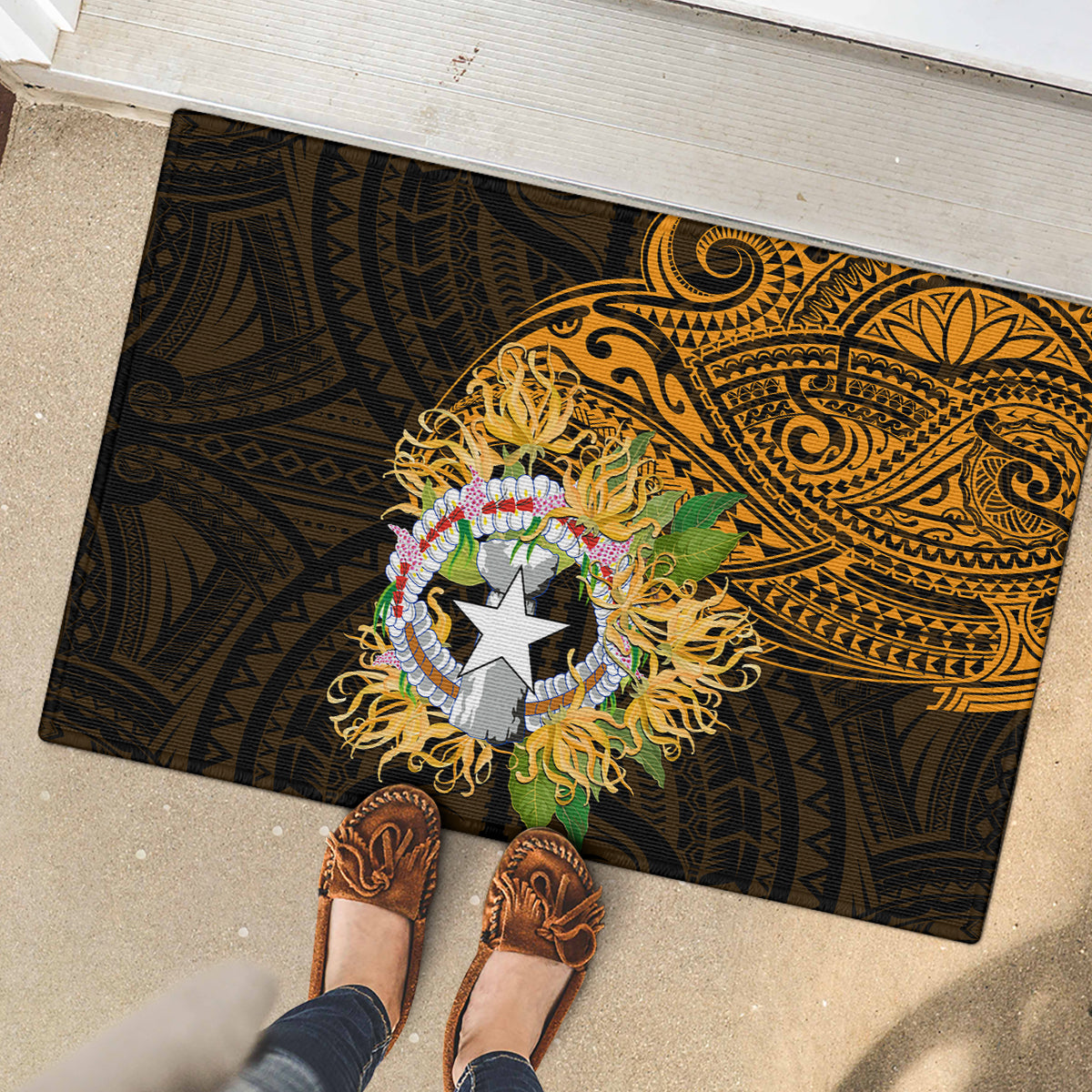 Northern Mariana Islands Ylang-ylang Mwarmwar Rubber Doormat Polynesian Gold Style LT9 - Polynesian Pride