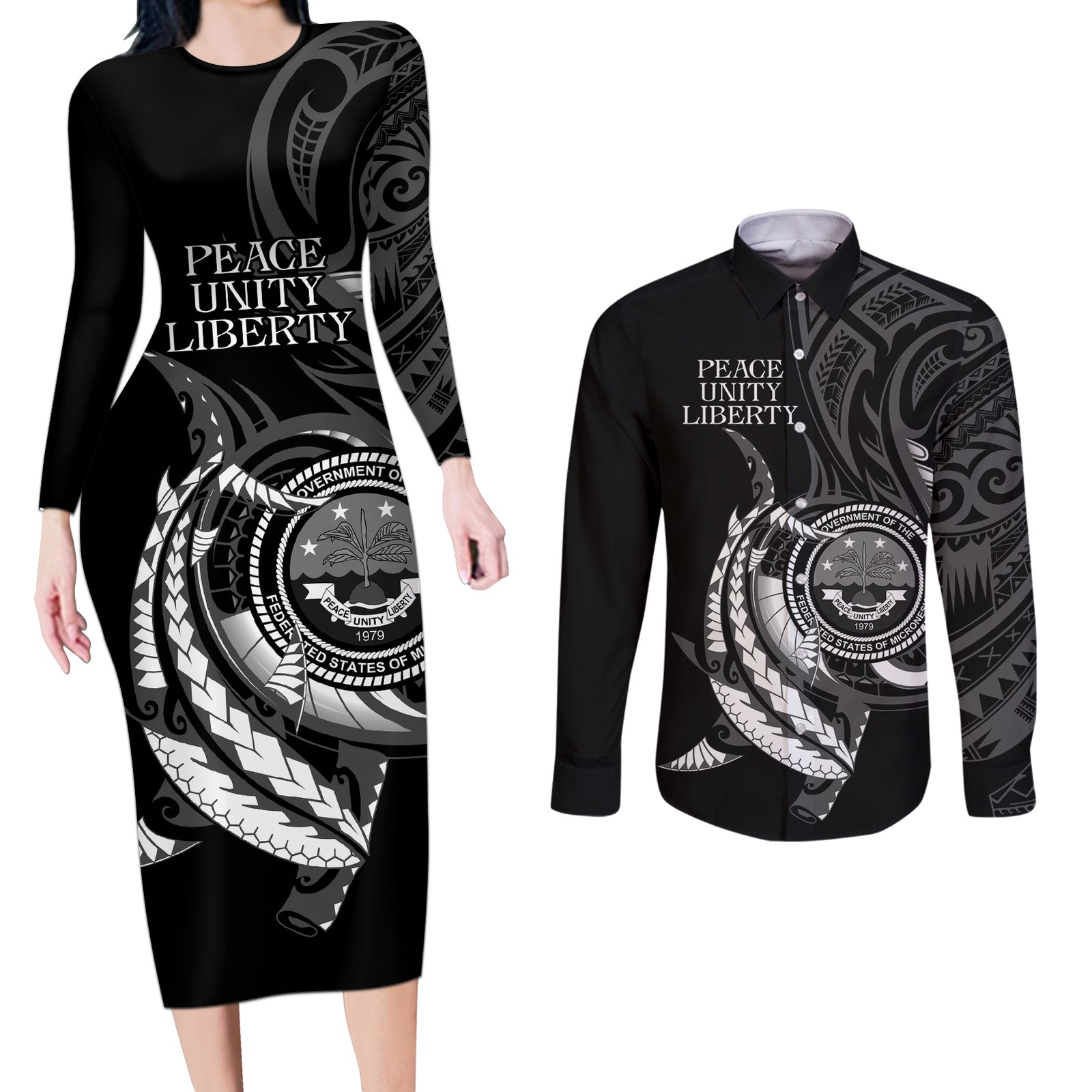 Personalised FSM Culture Day Couples Matching Long Sleeve Bodycon Dress and Long Sleeve Button Shirt Hammerhead Shark Tribal 2024 LT9 Black - Polynesian Pride