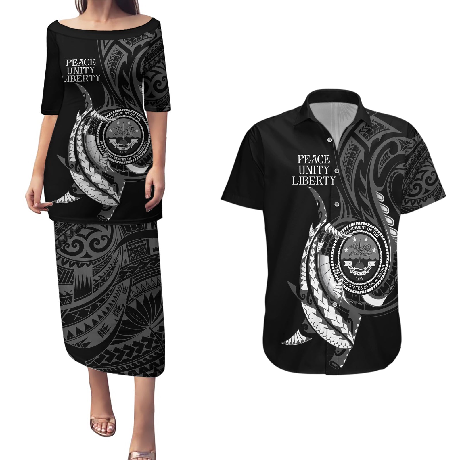 Personalised FSM Culture Day Couples Matching Puletasi and Hawaiian Shirt Hammerhead Shark Tribal 2024 LT9 Black - Polynesian Pride