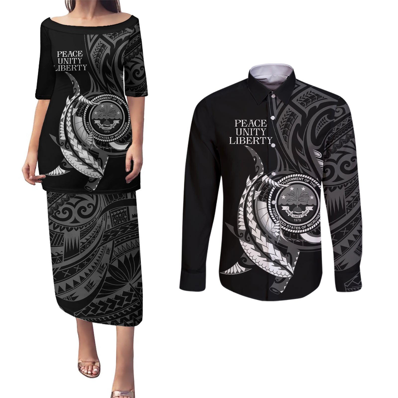 Personalised FSM Culture Day Couples Matching Puletasi and Long Sleeve Button Shirt Hammerhead Shark Tribal 2024 LT9 Black - Polynesian Pride