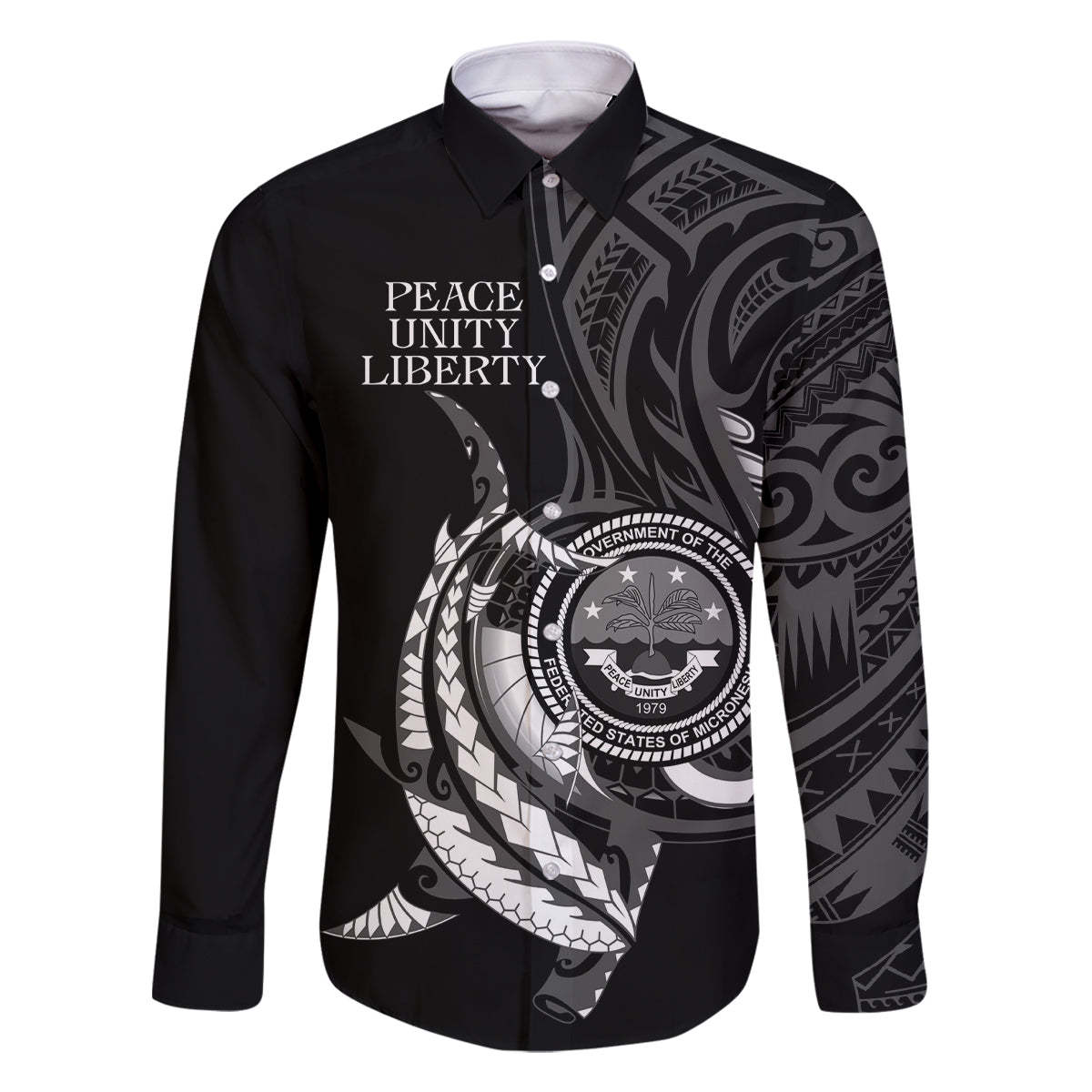 Personalised FSM Culture Day Family Matching Off Shoulder Maxi Dress and Hawaiian Shirt Hammerhead Shark Tribal 2024 LT9 Dad's Shirt - Long Sleeve Black - Polynesian Pride