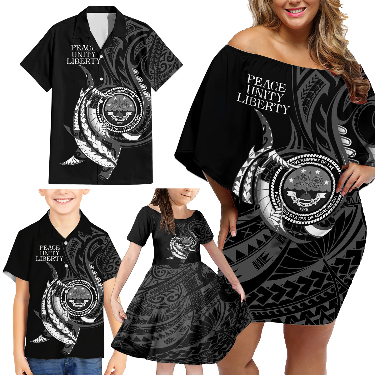 Personalised FSM Culture Day Family Matching Off Shoulder Short Dress and Hawaiian Shirt Hammerhead Shark Tribal 2024 LT9 - Polynesian Pride
