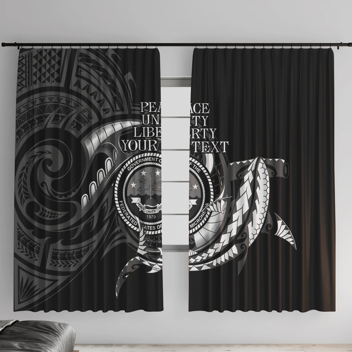Personalised FSM Culture Day Window Curtain Hammerhead Shark Tribal 2024 LT9 With Hooks Black - Polynesian Pride