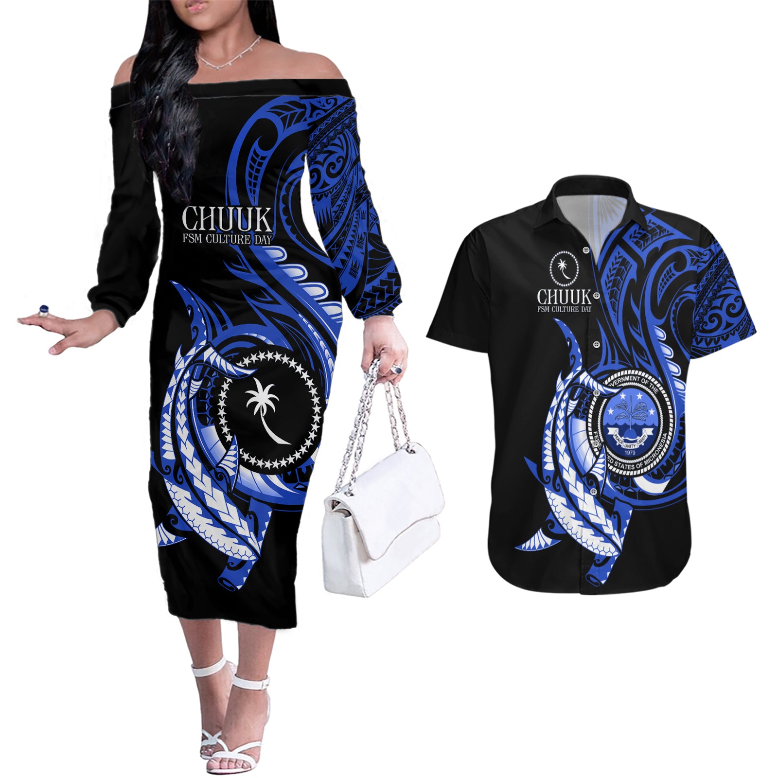 Personalised Chuuk FSM Culture Day Couples Matching Off The Shoulder Long Sleeve Dress and Hawaiian Shirt Hammerhead Shark Tattoo 2024 LT9 Blue - Polynesian Pride