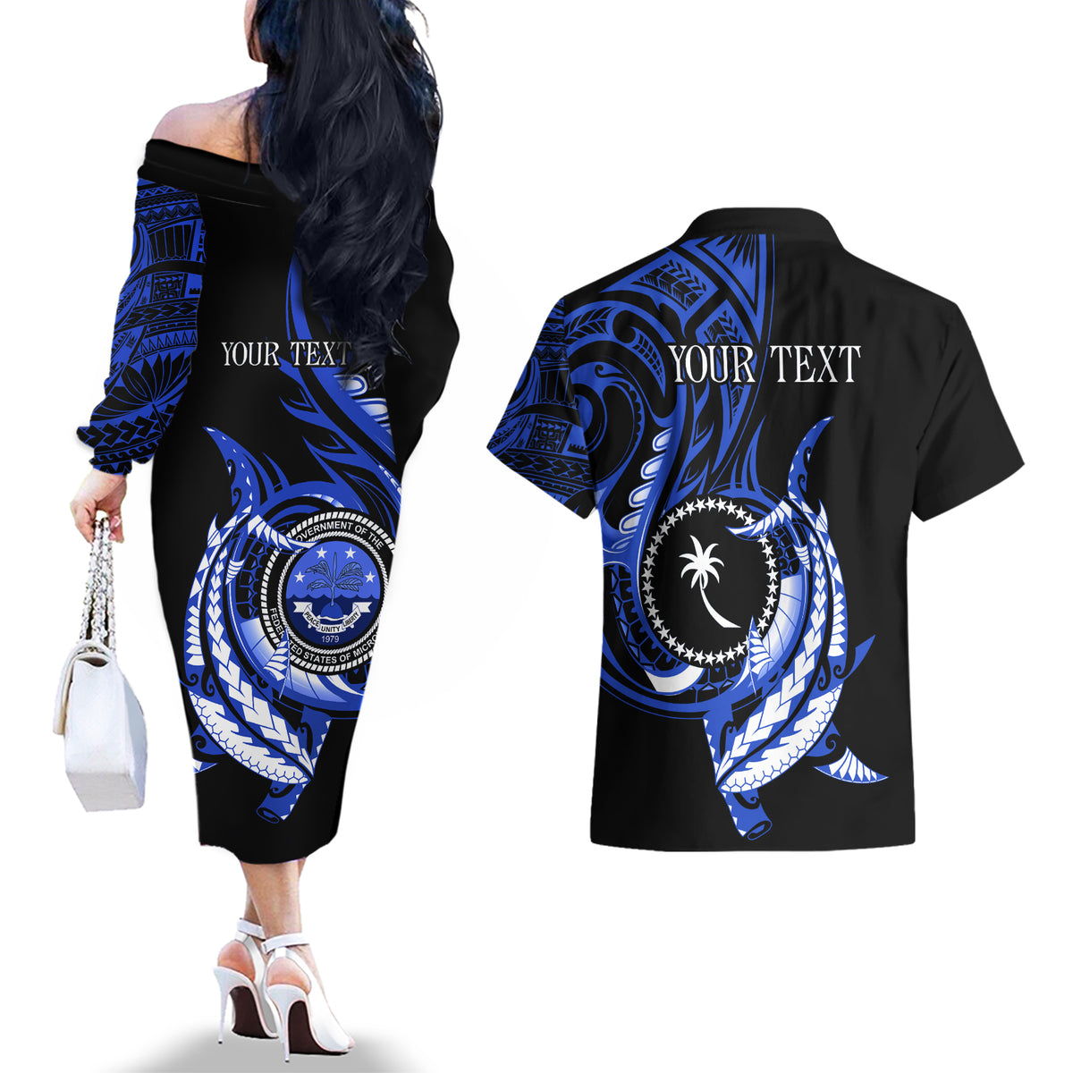 Personalised Chuuk FSM Culture Day Couples Matching Off The Shoulder Long Sleeve Dress and Hawaiian Shirt Hammerhead Shark Tattoo 2024 LT9 - Polynesian Pride