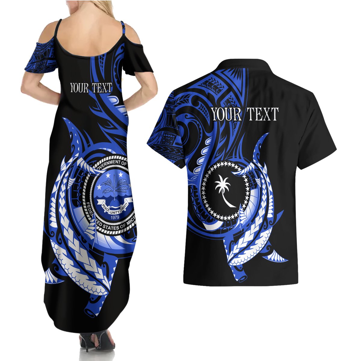 Personalised Chuuk FSM Culture Day Couples Matching Summer Maxi Dress and Hawaiian Shirt Hammerhead Shark Tattoo 2024 LT9 - Polynesian Pride