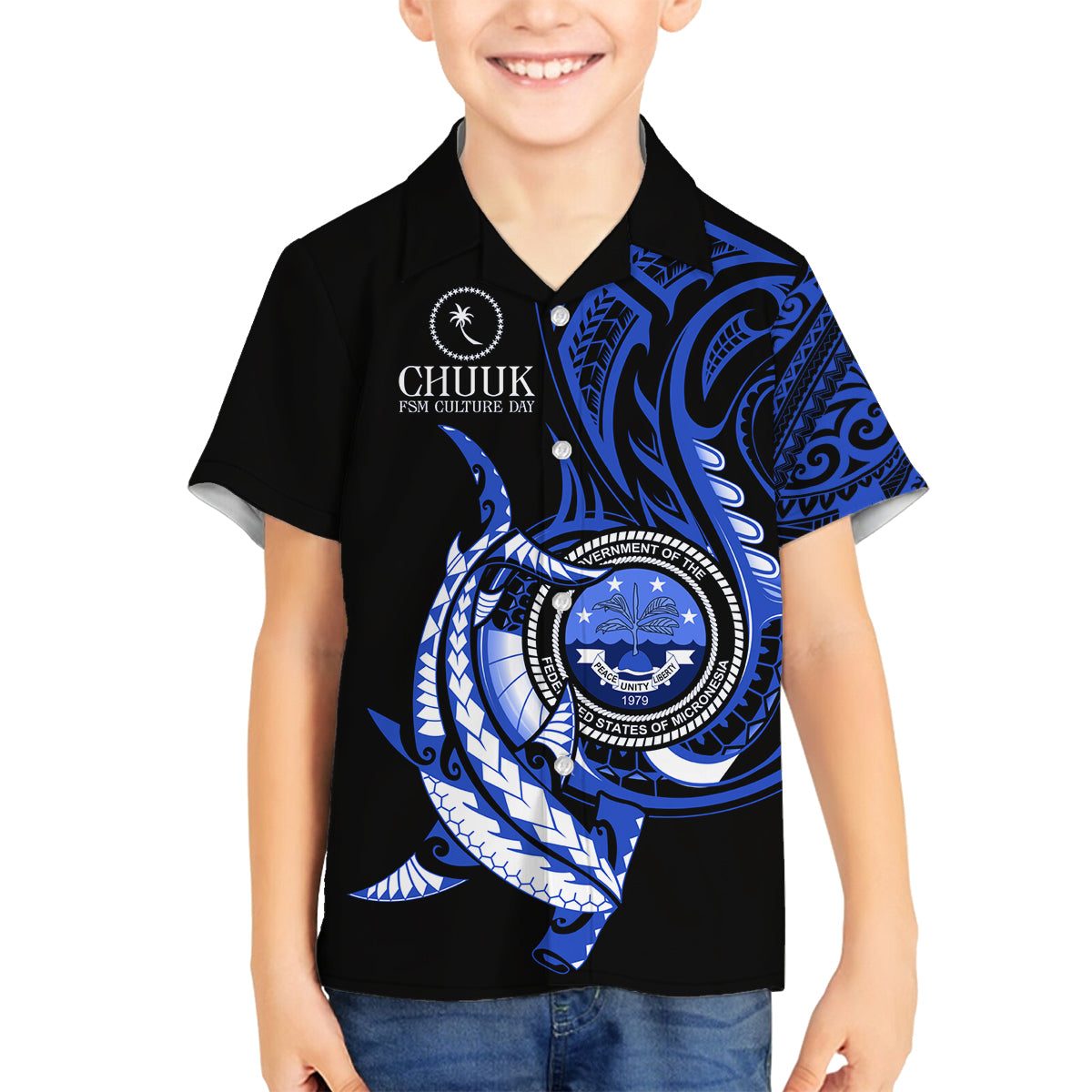 Personalised Chuuk FSM Culture Day Family Matching Long Sleeve Bodycon Dress and Hawaiian Shirt Hammerhead Shark Tattoo 2024 LT9 Son's Shirt Blue - Polynesian Pride