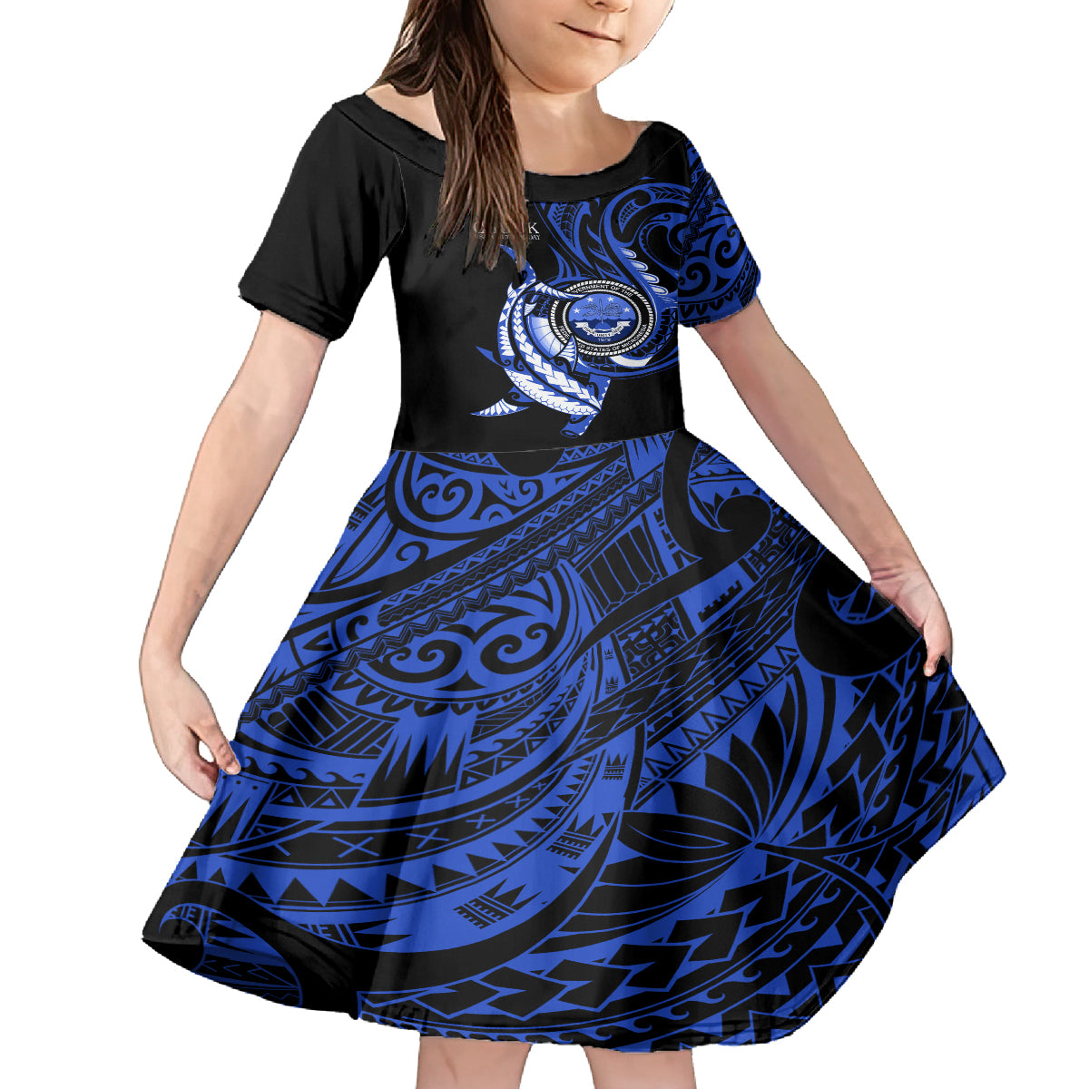 Personalised Chuuk FSM Culture Day Family Matching Off Shoulder Short Dress and Hawaiian Shirt Hammerhead Shark Tattoo 2024 LT9 Daughter's Dress Blue - Polynesian Pride