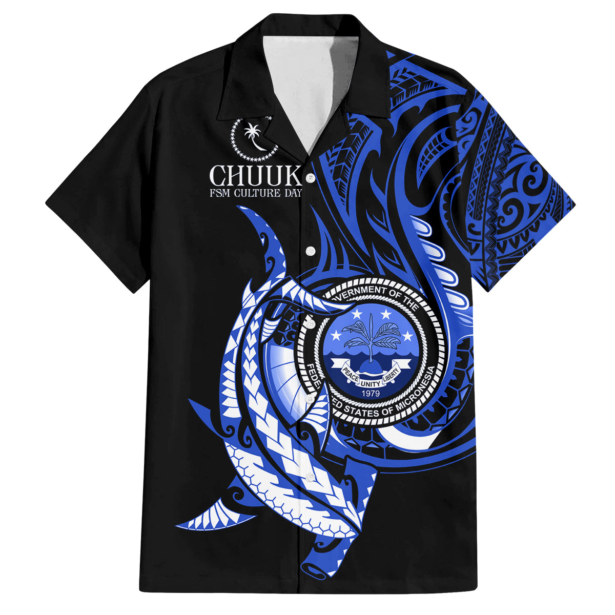 Personalised Chuuk FSM Culture Day Family Matching Off Shoulder Short Dress and Hawaiian Shirt Hammerhead Shark Tattoo 2024 LT9 Dad's Shirt - Short Sleeve Blue - Polynesian Pride