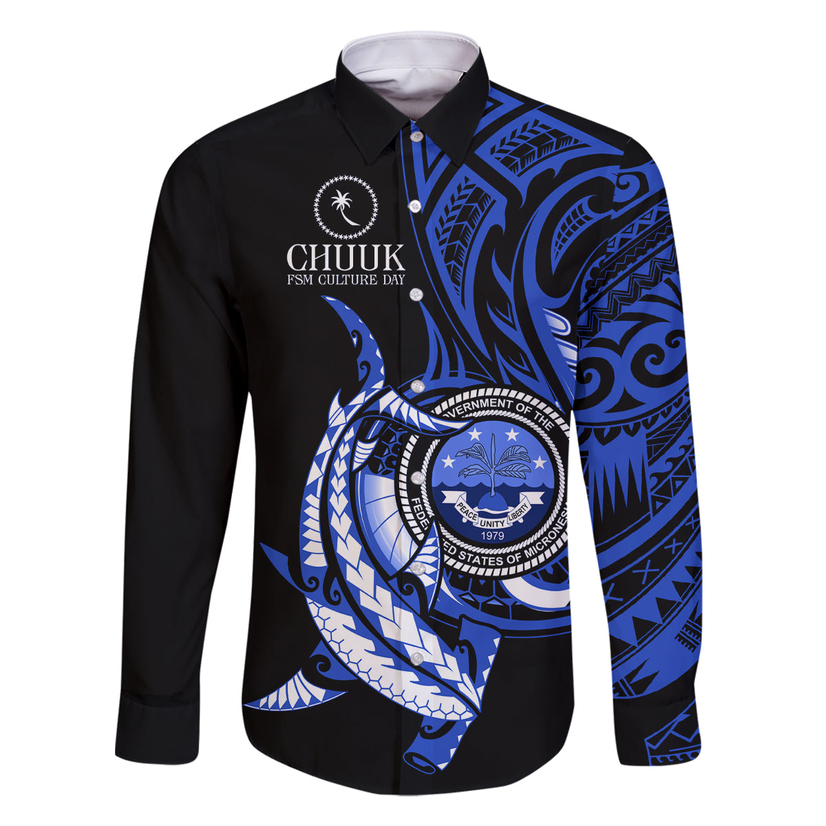 Personalised Chuuk FSM Culture Day Family Matching Summer Maxi Dress and Hawaiian Shirt Hammerhead Shark Tattoo 2024 LT9 Dad's Shirt - Long Sleeve Blue - Polynesian Pride