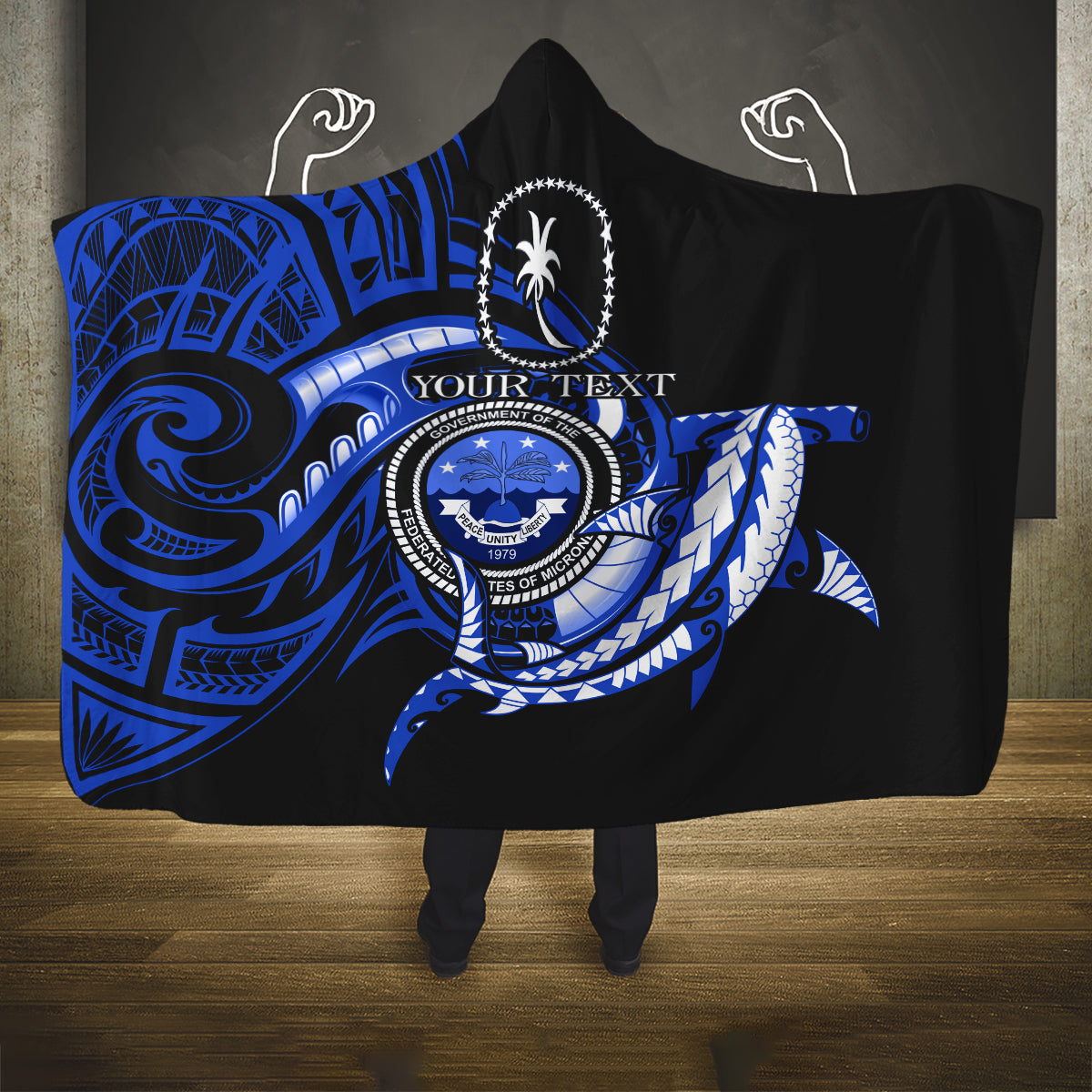Personalised Chuuk FSM Culture Day Hooded Blanket Hammerhead Shark Tattoo 2024 LT9 One Size Blue - Polynesian Pride
