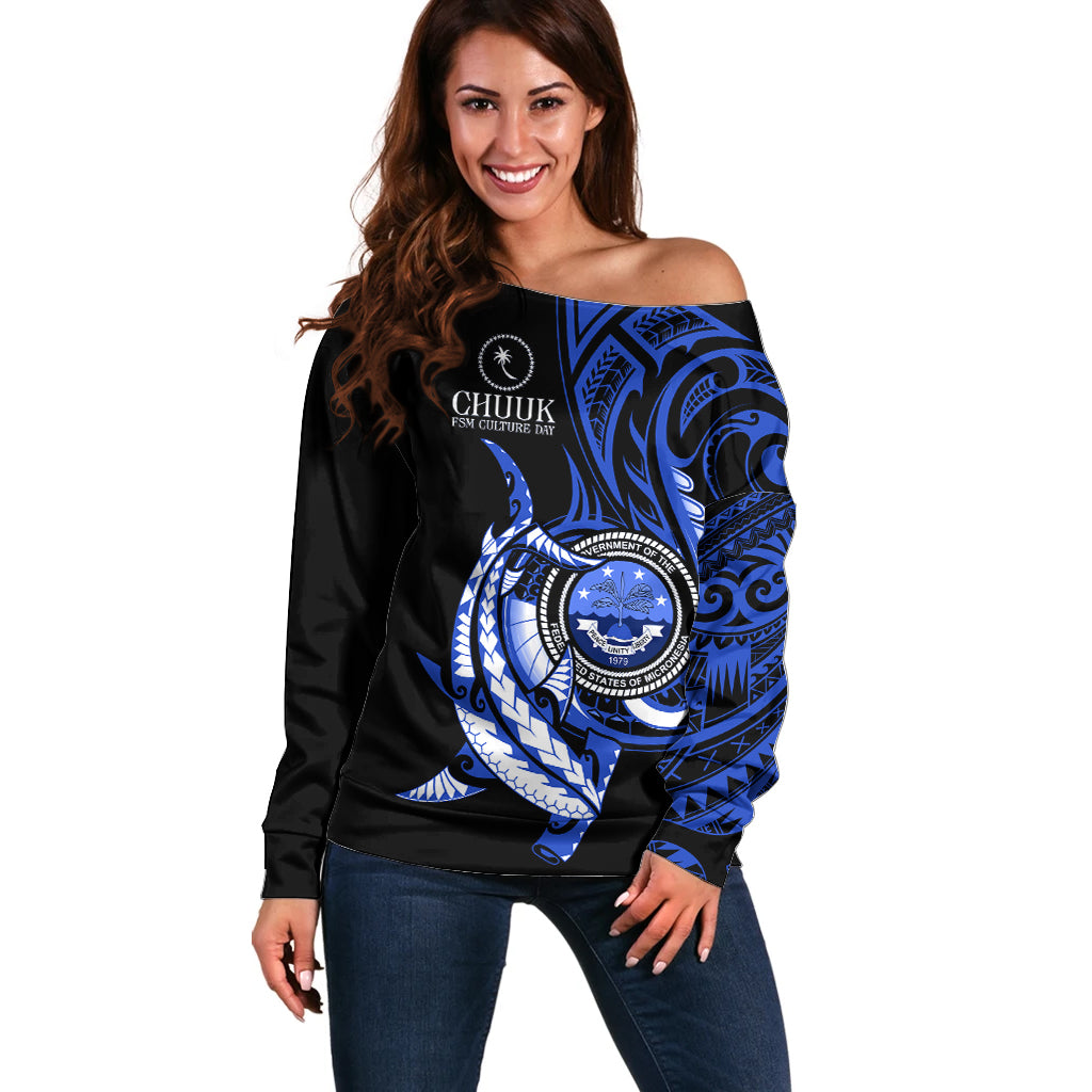 Personalised Chuuk FSM Culture Day Off Shoulder Sweater Hammerhead Shark Tattoo 2024 LT9 Women Blue - Polynesian Pride
