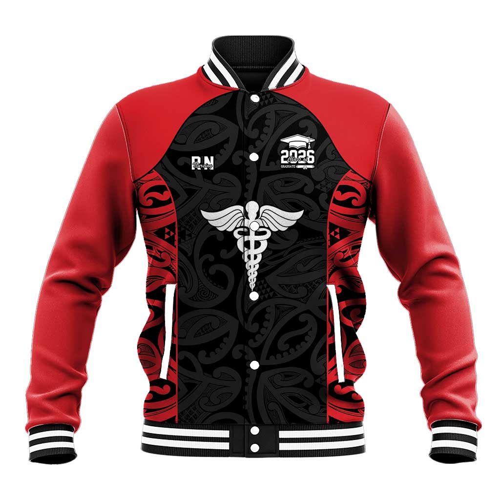 New Zealand Nurse RN 2026 Personalised Baseball Jacket Red Maori Pattern Cultural Pride
