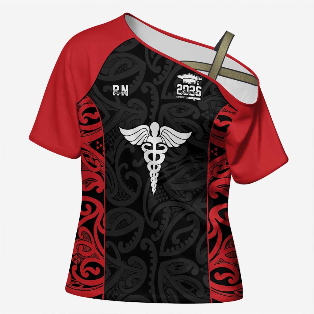 New Zealand Nurse RN 2026 Personalised Cross Shoulder Shirt Red Maori Pattern Cultural Pride