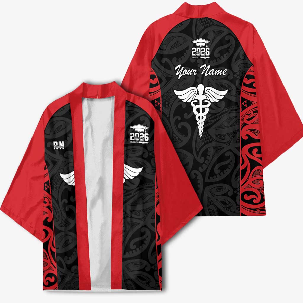New Zealand Nurse RN 2026 Personalised Kimono Red Maori Pattern Cultural Pride