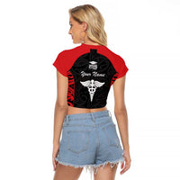 New Zealand Nurse RN 2026 Personalised Raglan Cropped T Shirt Red Maori Pattern Cultural Pride