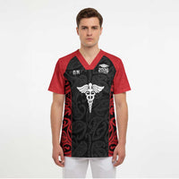 New Zealand Nurse RN 2026 Personalised Scrub Top Red Maori Pattern Cultural Pride