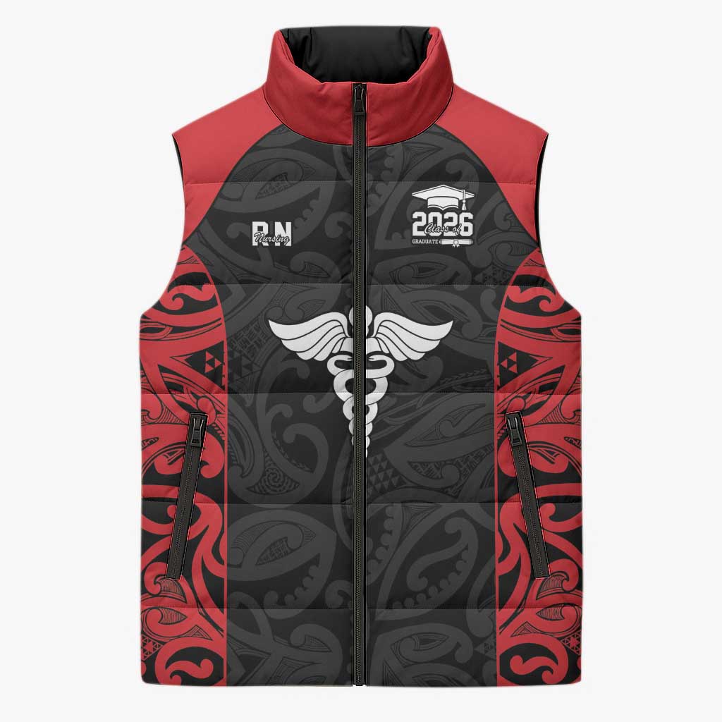 New Zealand Nurse RN 2026 Personalised Sleeveless Puffer Jacket Red Maori Pattern Cultural Pride