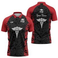 New Zealand Nurse RN 2026 Personalised Zipper Polo Shirt Red Maori Pattern Cultural Pride