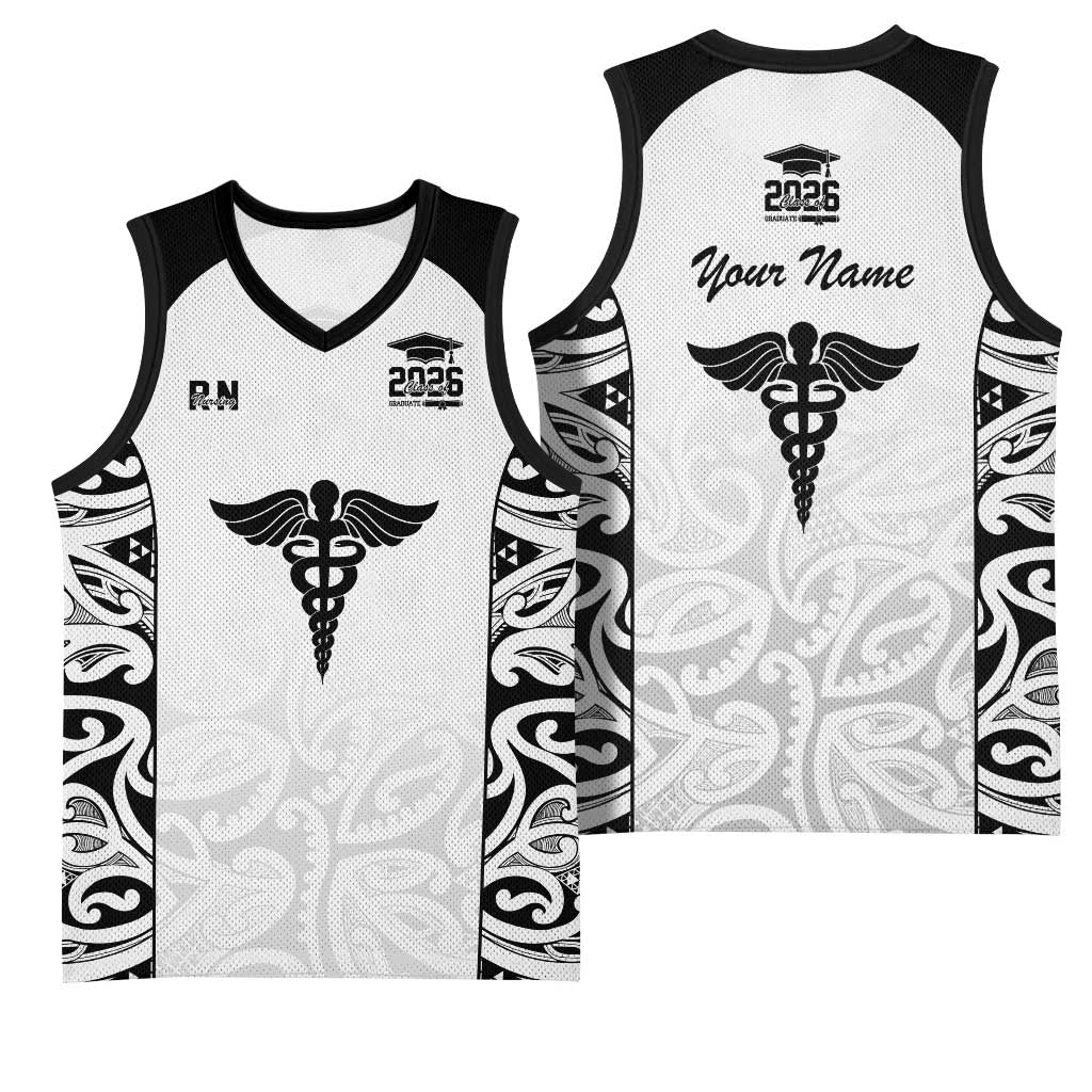 New Zealand Nurse RN 2026 Personalised Basketball Jersey White Maori Pattern Cultural Pride LT9 - Polynesian Pride