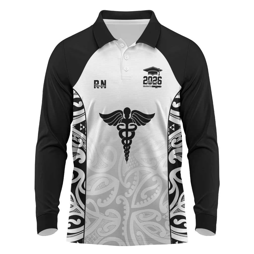 New Zealand Nurse RN 2026 Personalised Long Sleeve Polo Shirt White Maori Pattern Cultural Pride