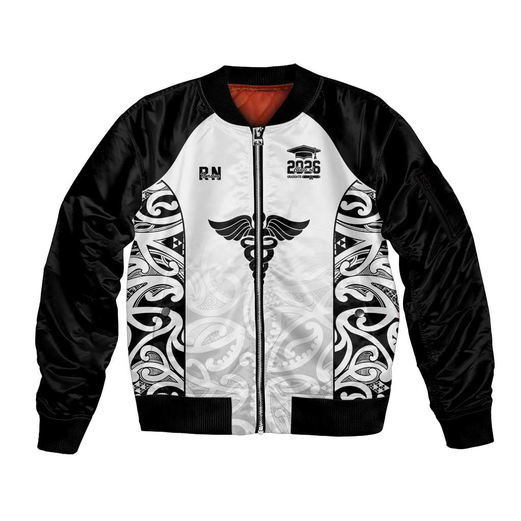 New Zealand Nurse RN 2026 Personalised Sleeve Zip Bomber Jacket White Maori Pattern Cultural Pride LT9 Unisex White - Polynesian Pride