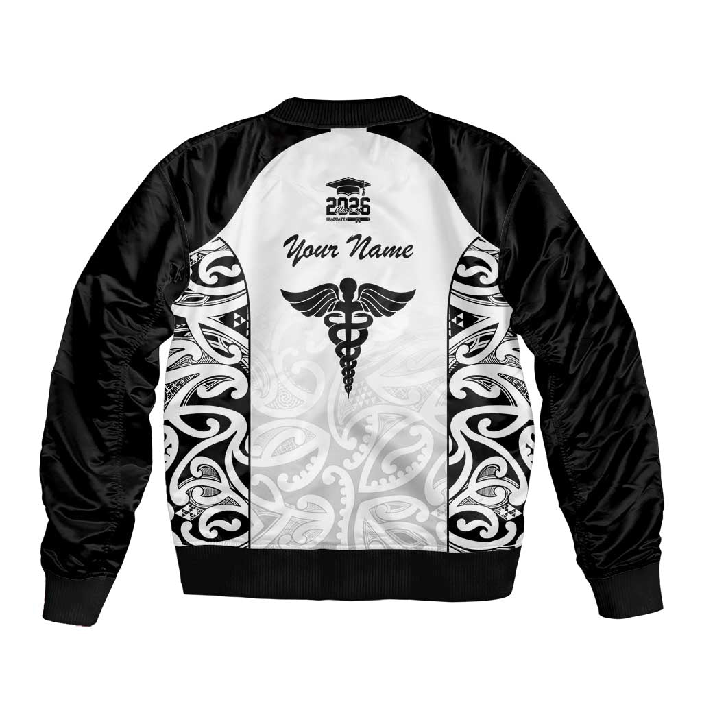 New Zealand Nurse RN 2026 Personalised Sleeve Zip Bomber Jacket White Maori Pattern Cultural Pride