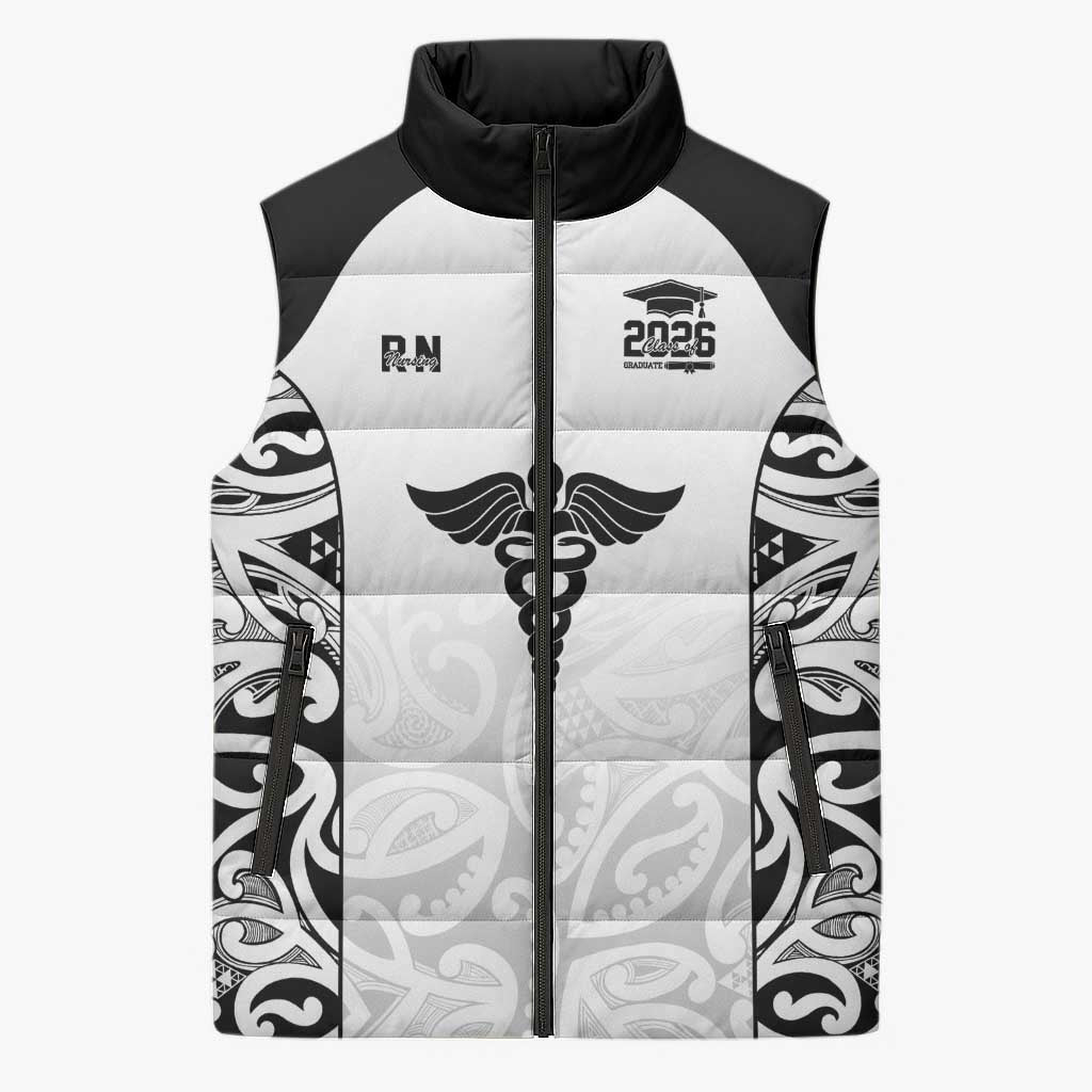 New Zealand Nurse RN 2026 Personalised Sleeveless Puffer Jacket White Maori Pattern Cultural Pride
