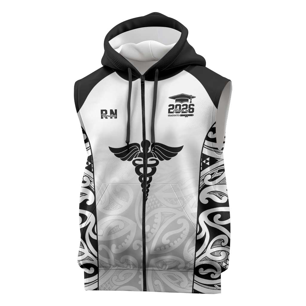 New Zealand Nurse RN 2026 Personalised Sleeveless Zip Hoodie White Maori Pattern Cultural Pride