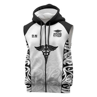 New Zealand Nurse RN 2026 Personalised Sleeveless Zip Hoodie White Maori Pattern Cultural Pride