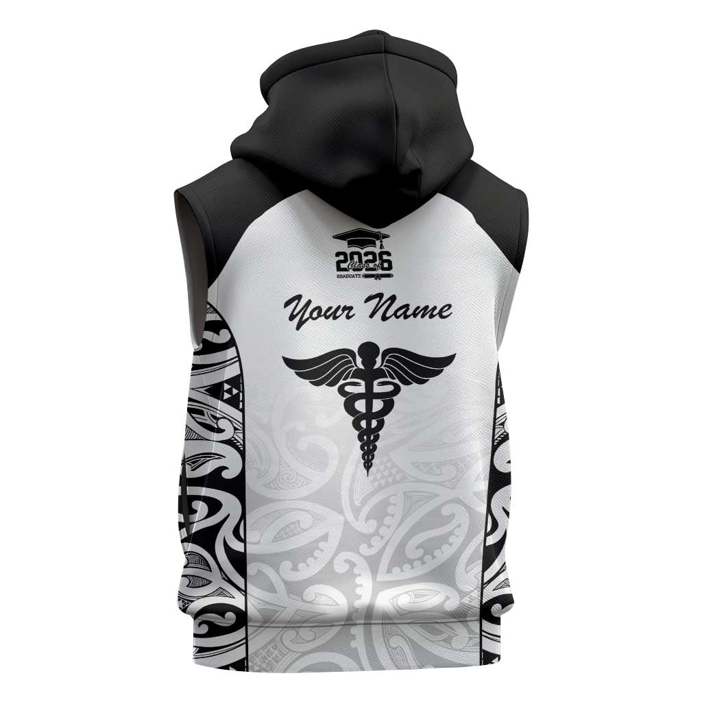 New Zealand Nurse RN 2026 Personalised Sleeveless Zip Hoodie White Maori Pattern Cultural Pride