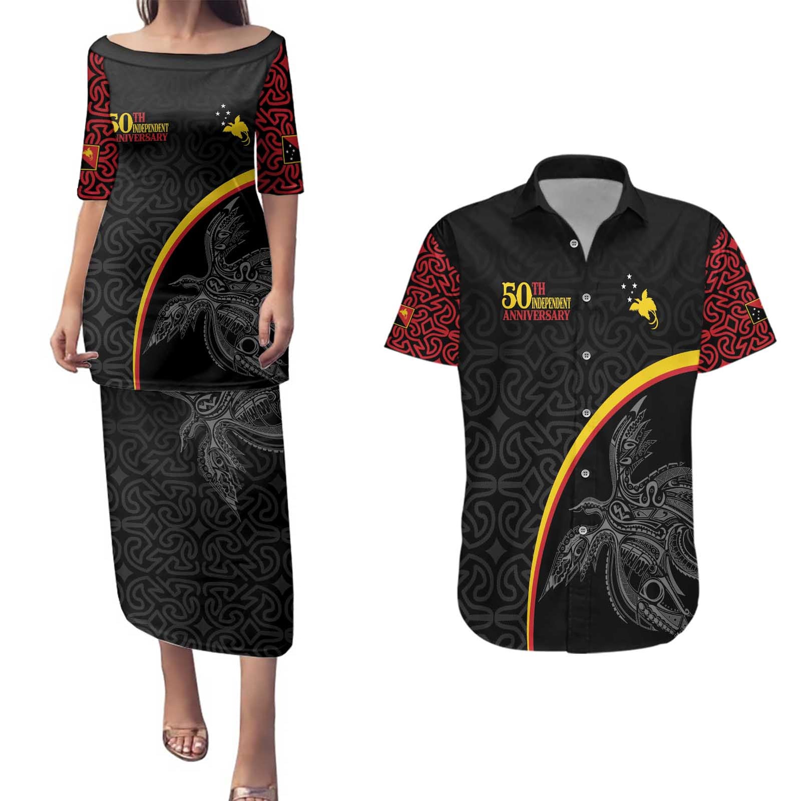Papua New Guinea 50th Independence Day Couples Matching Puletasi and Hawaiian Shirt Simple Oro Tapa Pattern - Polynesian Pride