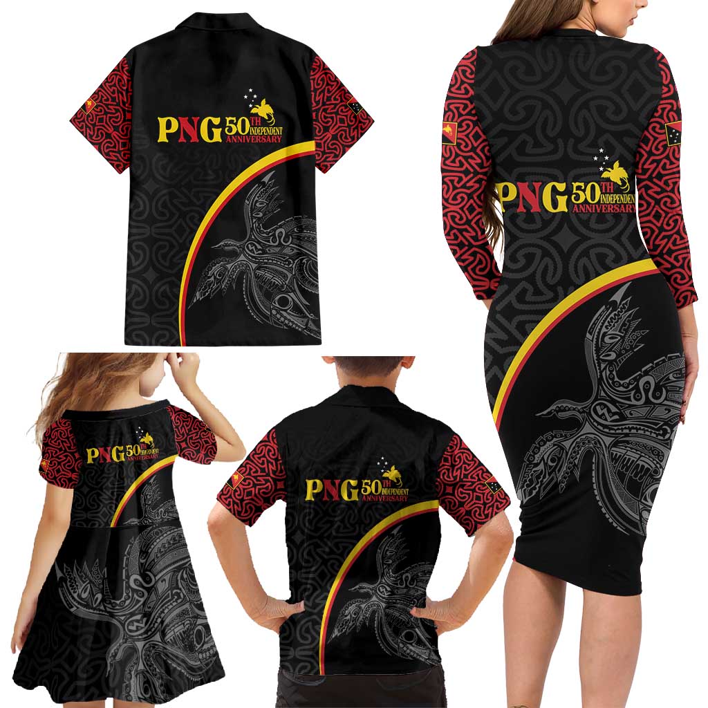 Papua New Guinea 50th Independence Day Family Matching Long Sleeve Bodycon Dress and Hawaiian Shirt Simple Oro Tapa Pattern LT9 - Polynesian Pride