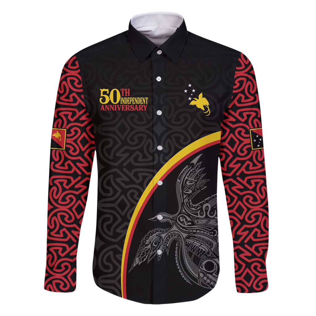 Papua New Guinea 50th Independence Day Family Matching Mermaid Dress and Hawaiian Shirt Simple Oro Tapa Pattern LT9 Dad's Shirt - Long Sleeve Black - Polynesian Pride