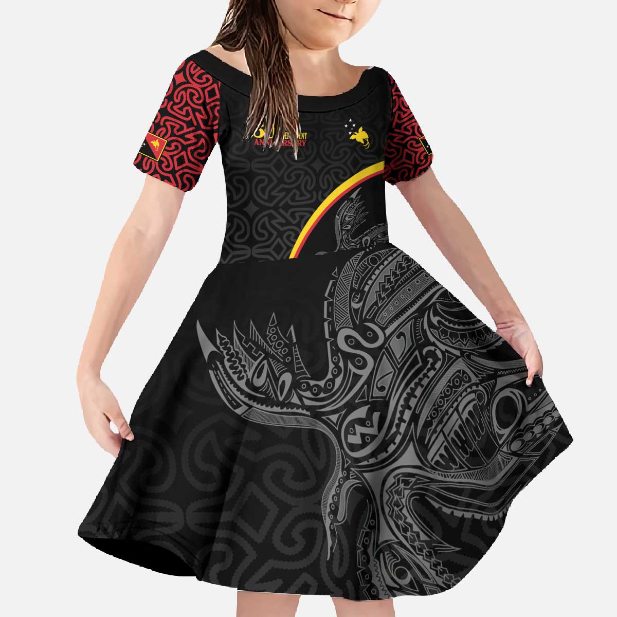 Papua New Guinea 50th Independence Day Family Matching Off The Shoulder Long Sleeve Dress and Hawaiian Shirt Simple Oro Tapa Pattern LT9 Daughter's Dress Black - Polynesian Pride