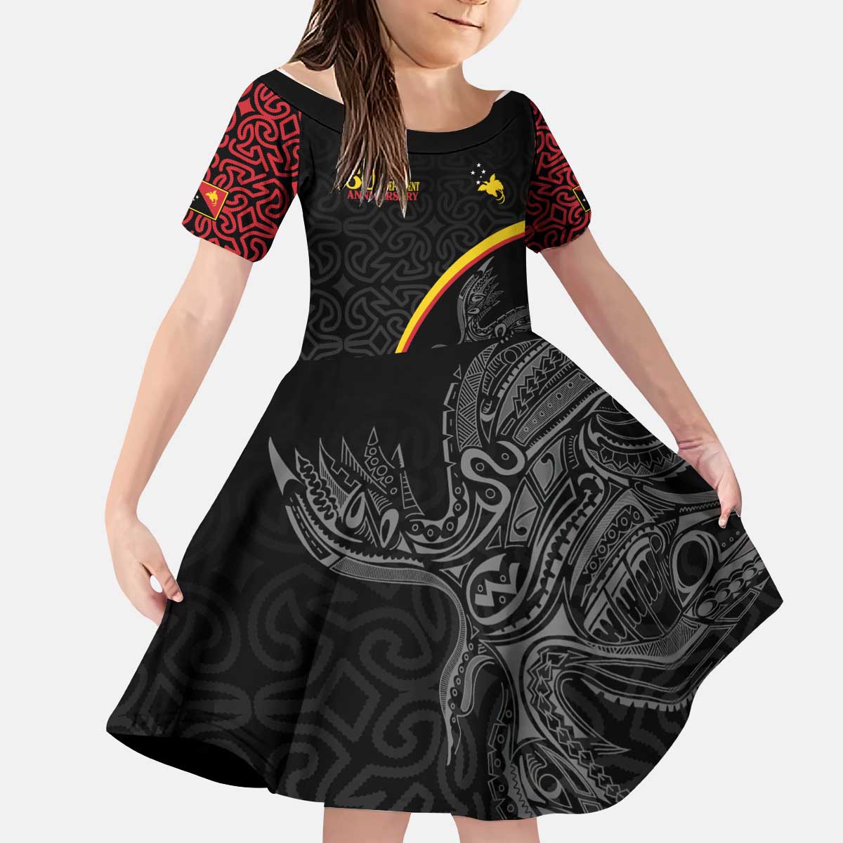 Papua New Guinea 50th Independence Day Kid Short Sleeve Dress Simple Oro Tapa Pattern - Polynesian Pride