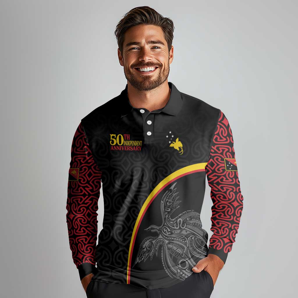 Papua New Guinea 50th Independence Day Long Sleeve Polo Shirt Simple Oro Tapa Pattern - Polynesian Pride
